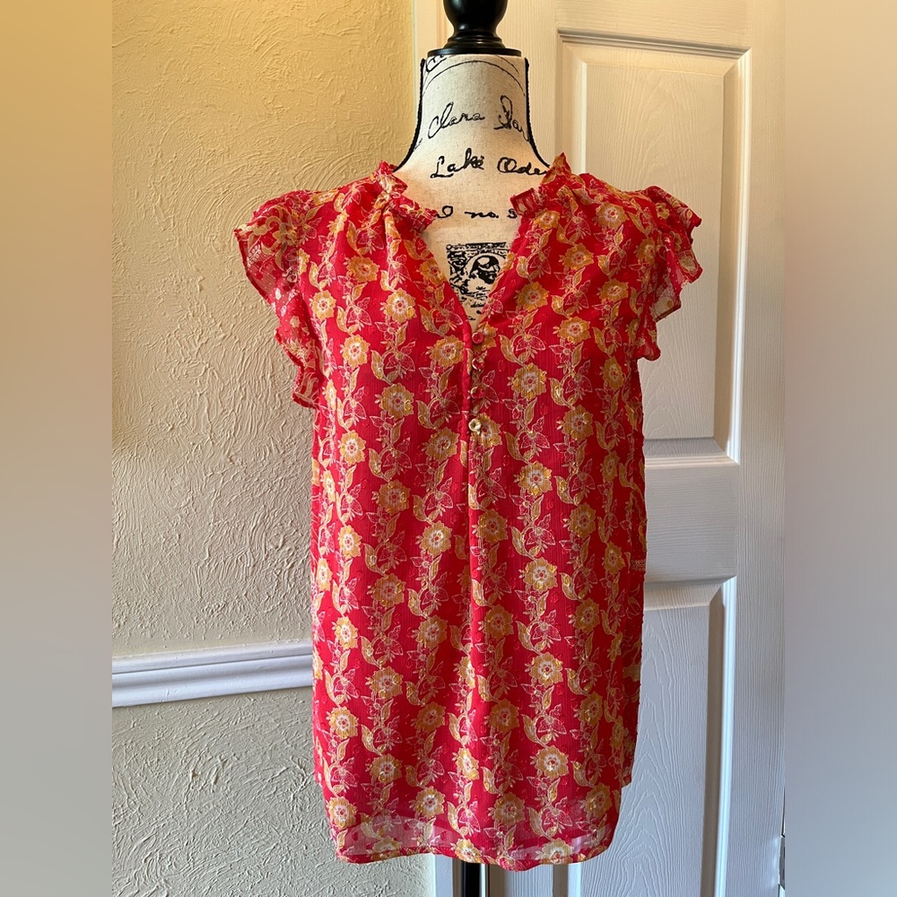 Rachel Rachel Roy Flutter Sleeve Split Neck Blouse Pink Size XS EUC
